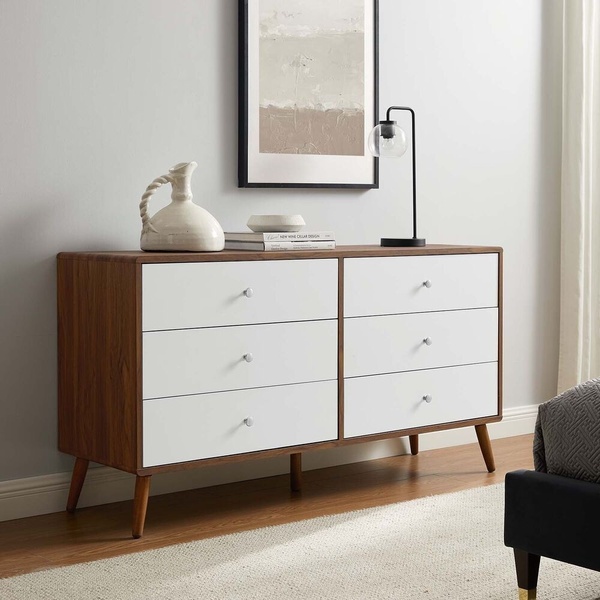 bedroom dresser, wooden chest, storage drawers, mid century dresser, bedroom furniture, storage cabinet, bestseller push, lifestyle, calm, trustworthy, neutral, brown